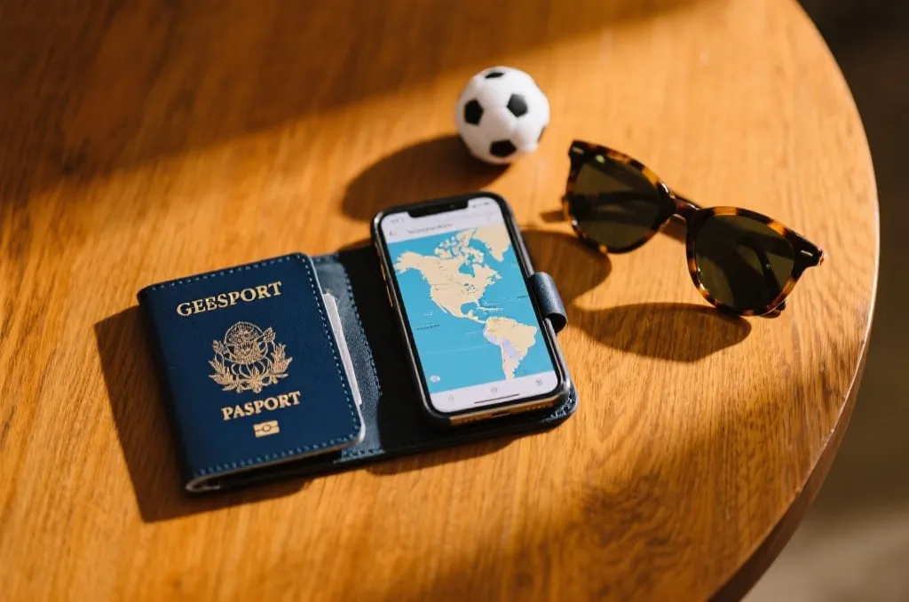 A flat lay of travel essentials on a wooden table, including a generic passport holder, a smartphone displaying a map of North America, sunglasses, and a mini soccer ball